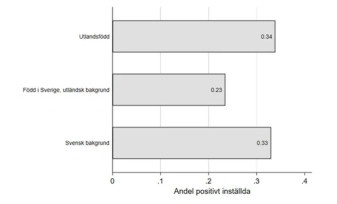 Diagrammet visar: Utlandsfödd 0,34. Född i Sverige, utländsk bakgrund 0, 23. Svensk bakgrund 0,33.