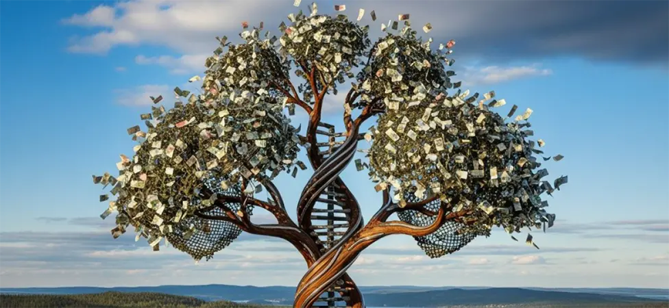 Ett AI-genererat träd med pengar på.