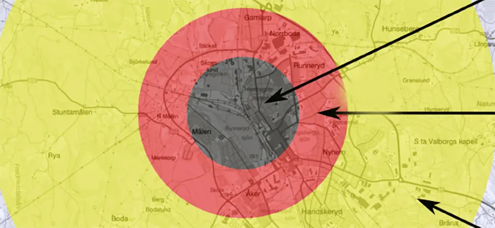 En figur som visar hur stor skada det skulle kunna bli vid en kärnvapendetonation.