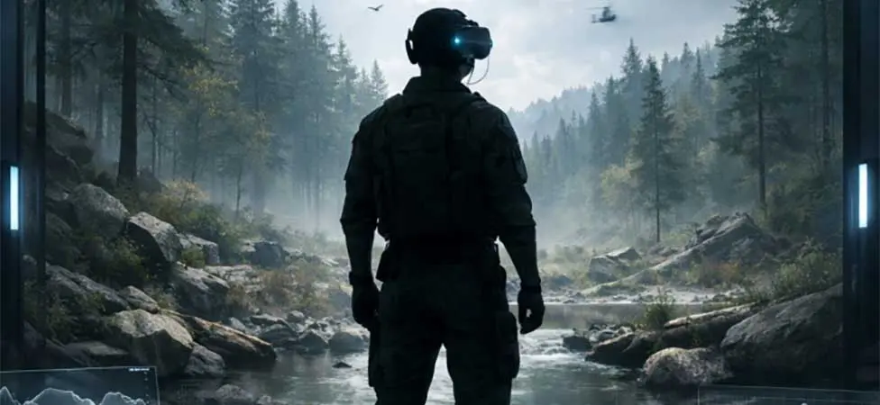 En soldat tittar ut ur över ett landskap.